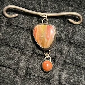 Vintage .925 Silver Heavy Jasper Cut Agate Ornate Brooch 21.8 grams